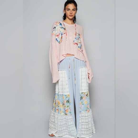 POL FLARE DOUBLE GAUZE PANTS WITH LACE DETAILS PRINTED PATCHWORK Final Sale! - Picture 3 of 4